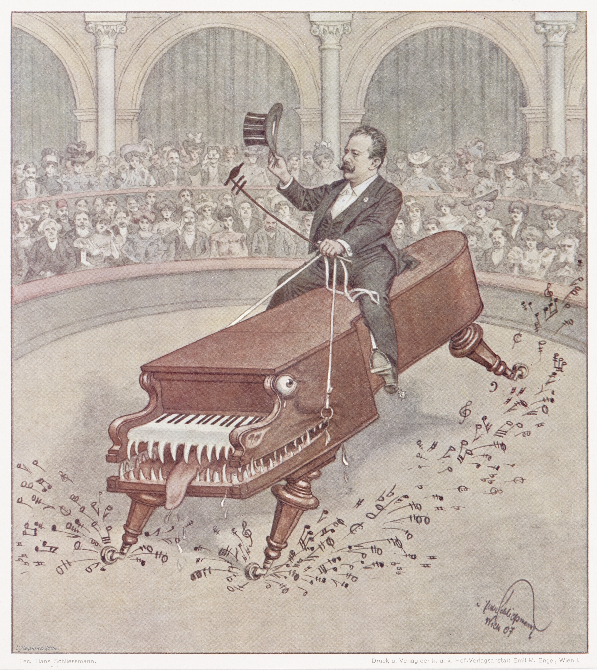 Pianist Alfred Grünfeld - Karikatur Ritt am "Vollblut-Bösendorfer Imperial"