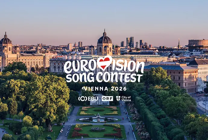 View across the Volksgarten with the “Eurovision Song Contest” lettering and the logos of EBU, ORF, and the City of Vienna