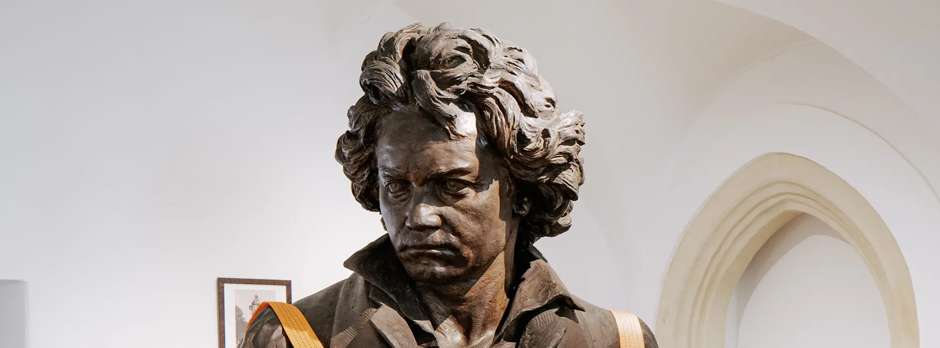Beethoven Museum, interior shot, bust of Beethoven on pallets