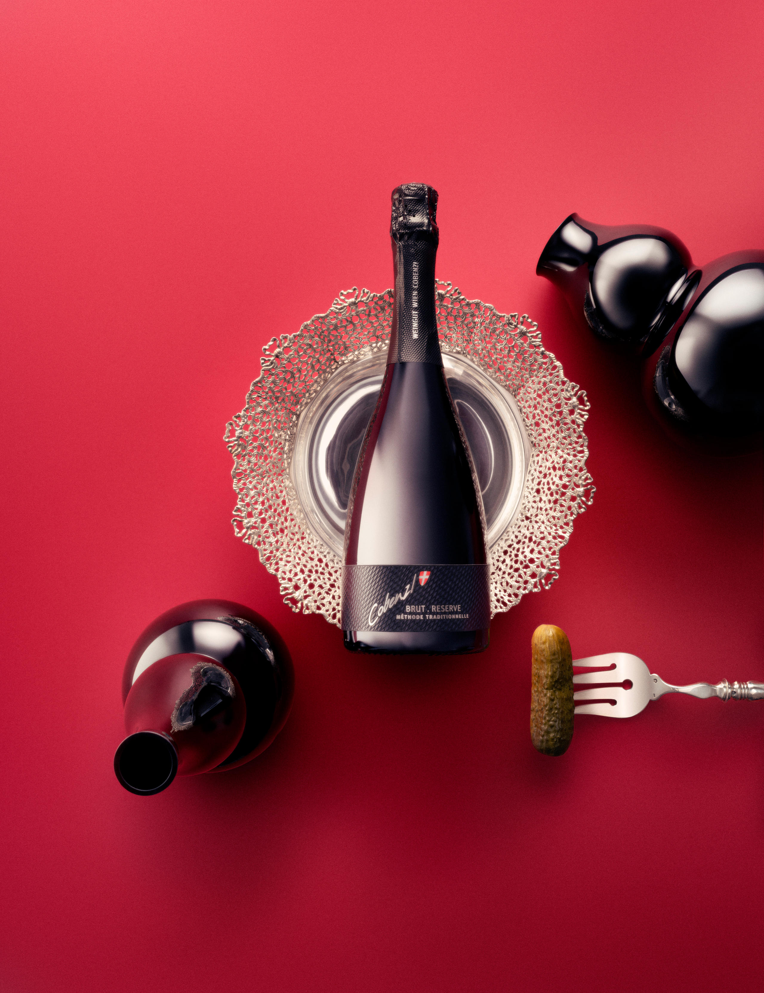 Bottle of sparkling wine with decorative items