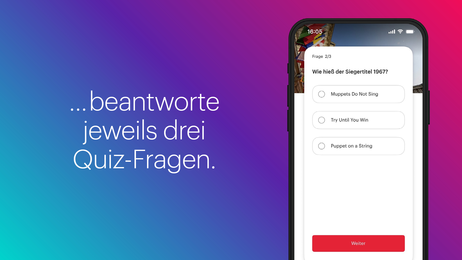 Sujet mit Text: ... beantworte jeweils drei Quiz-Fragen.