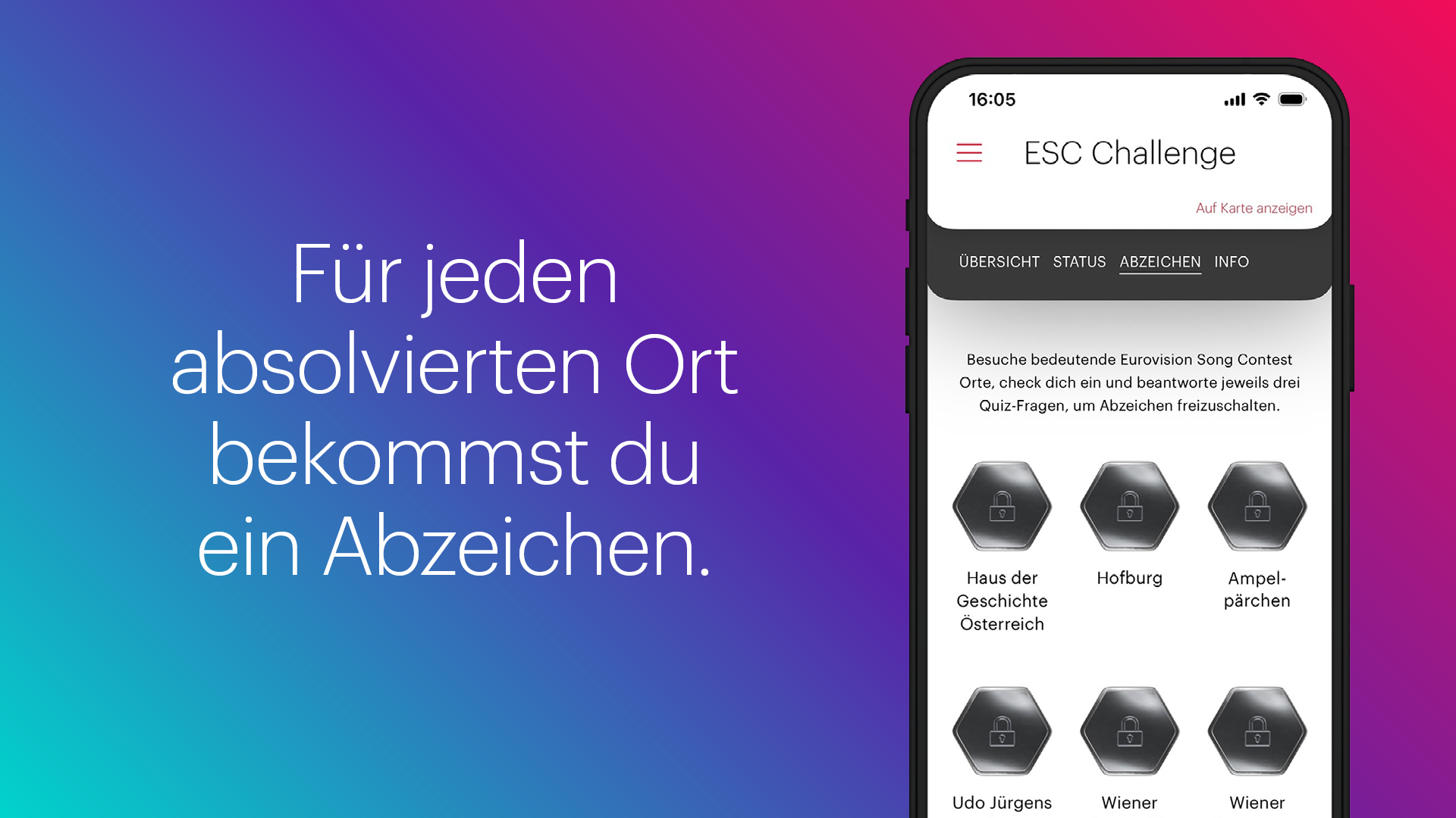 Sujet mit Text: Für jeden absolvierten Ort bekommst du ein Abzeichen