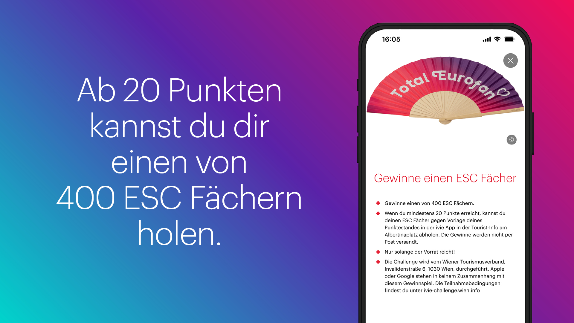 Sujet mit Text: Ab 20 Punkten kannst du dir einen von 400 ESC Fächern holen.