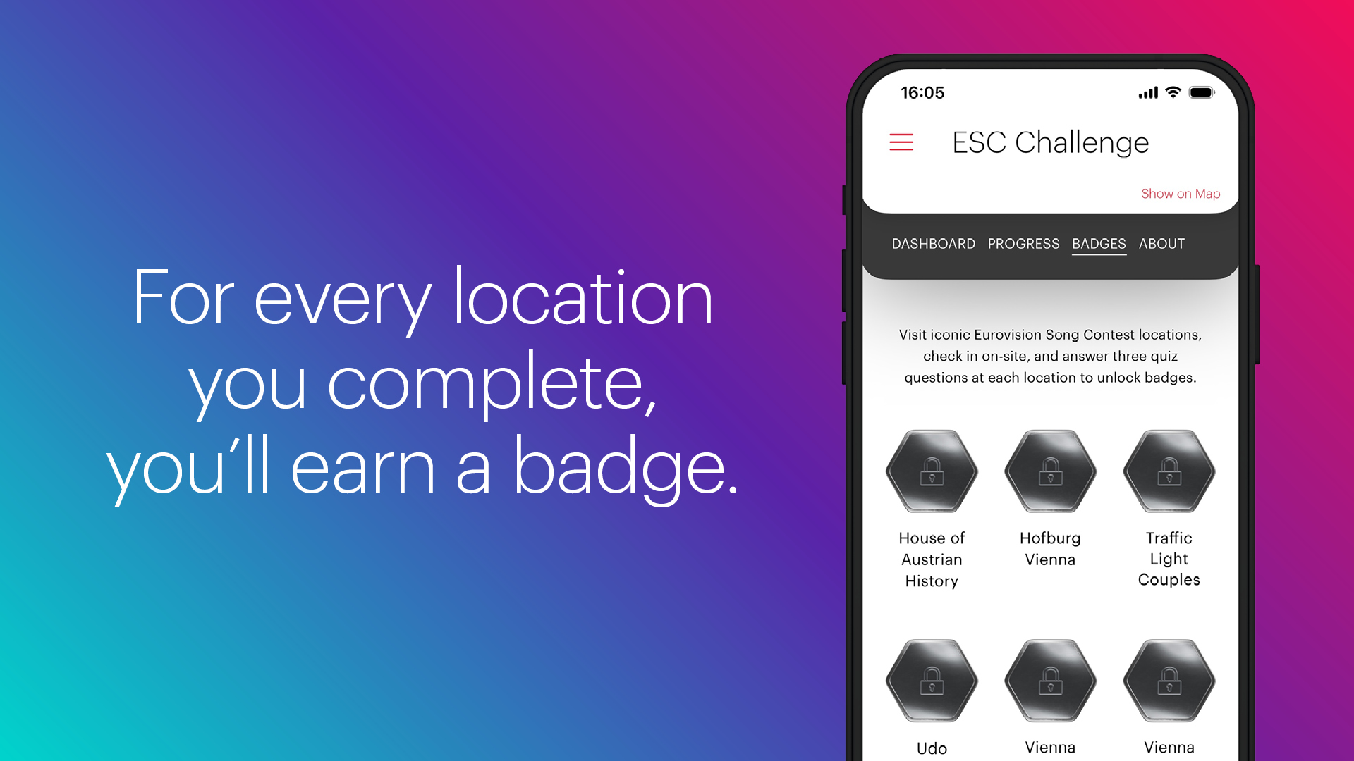 Sujet with text: For every location you complete you'll earn a badge.