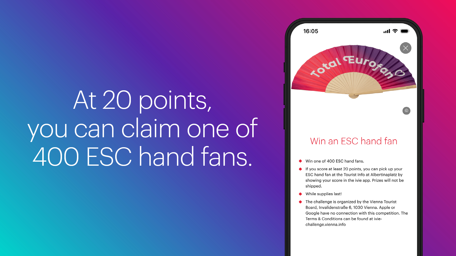 Sujet with text: At 20 points you can claim one of 400 ESC hand fans