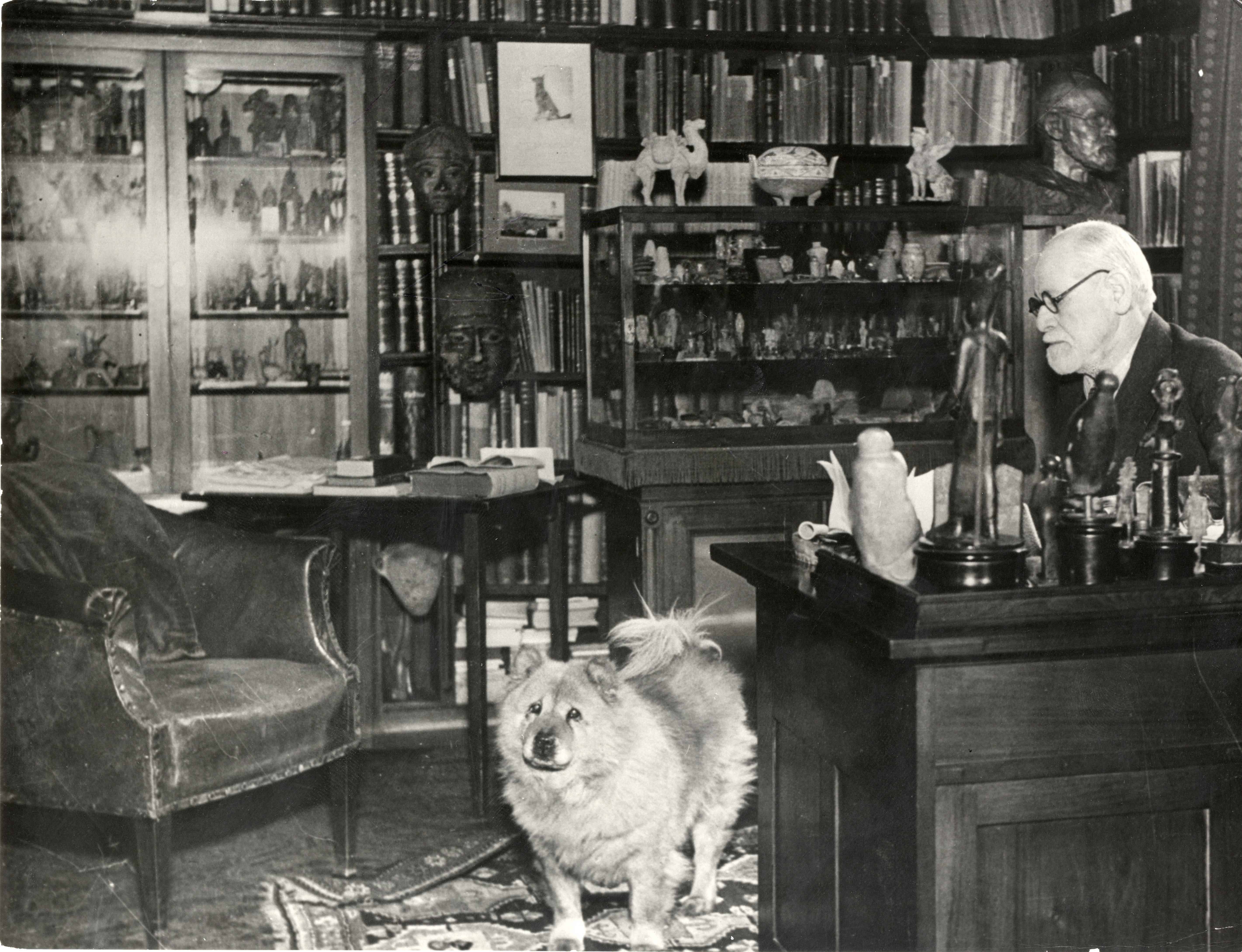 Sigmund Freud en su estudio con su chow chow, 1937