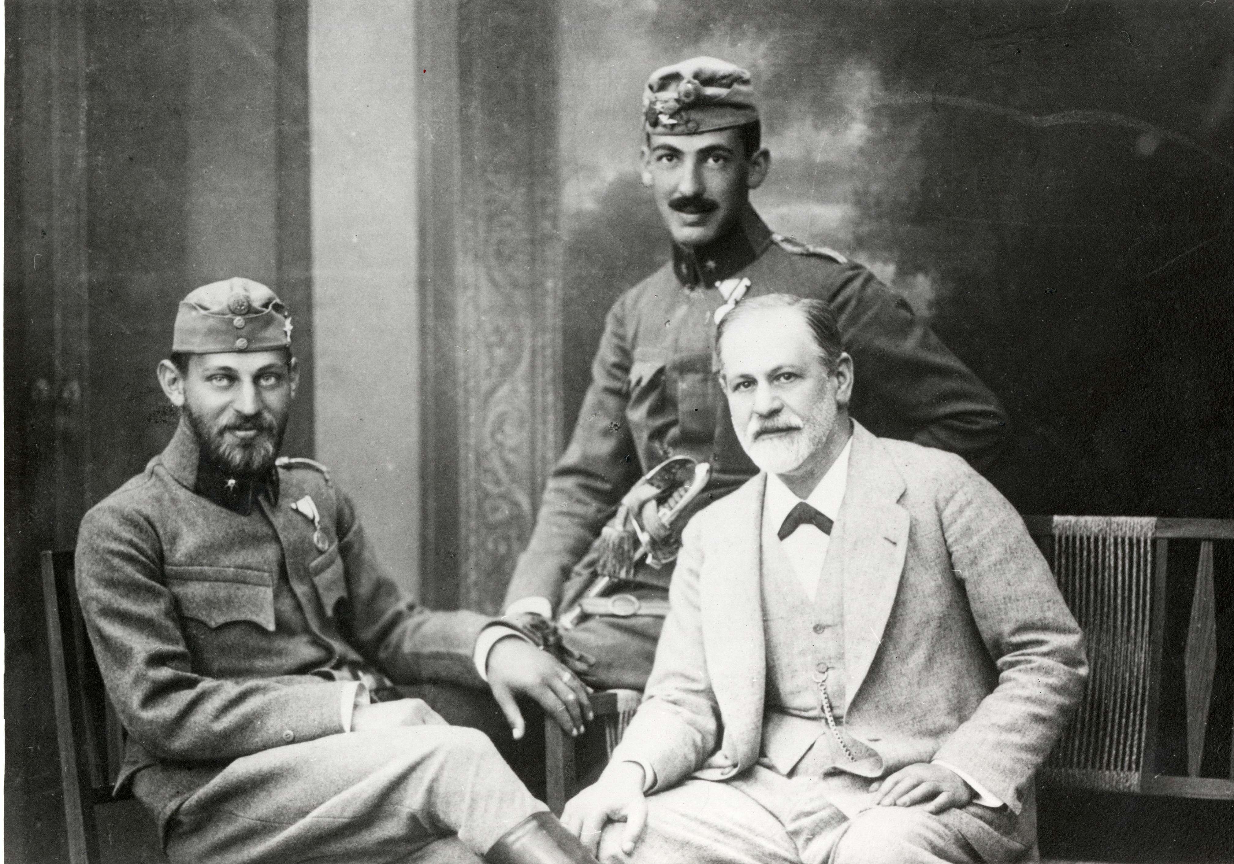 Sigmund Freud with sons Ernst and Martin in uniform (1916)