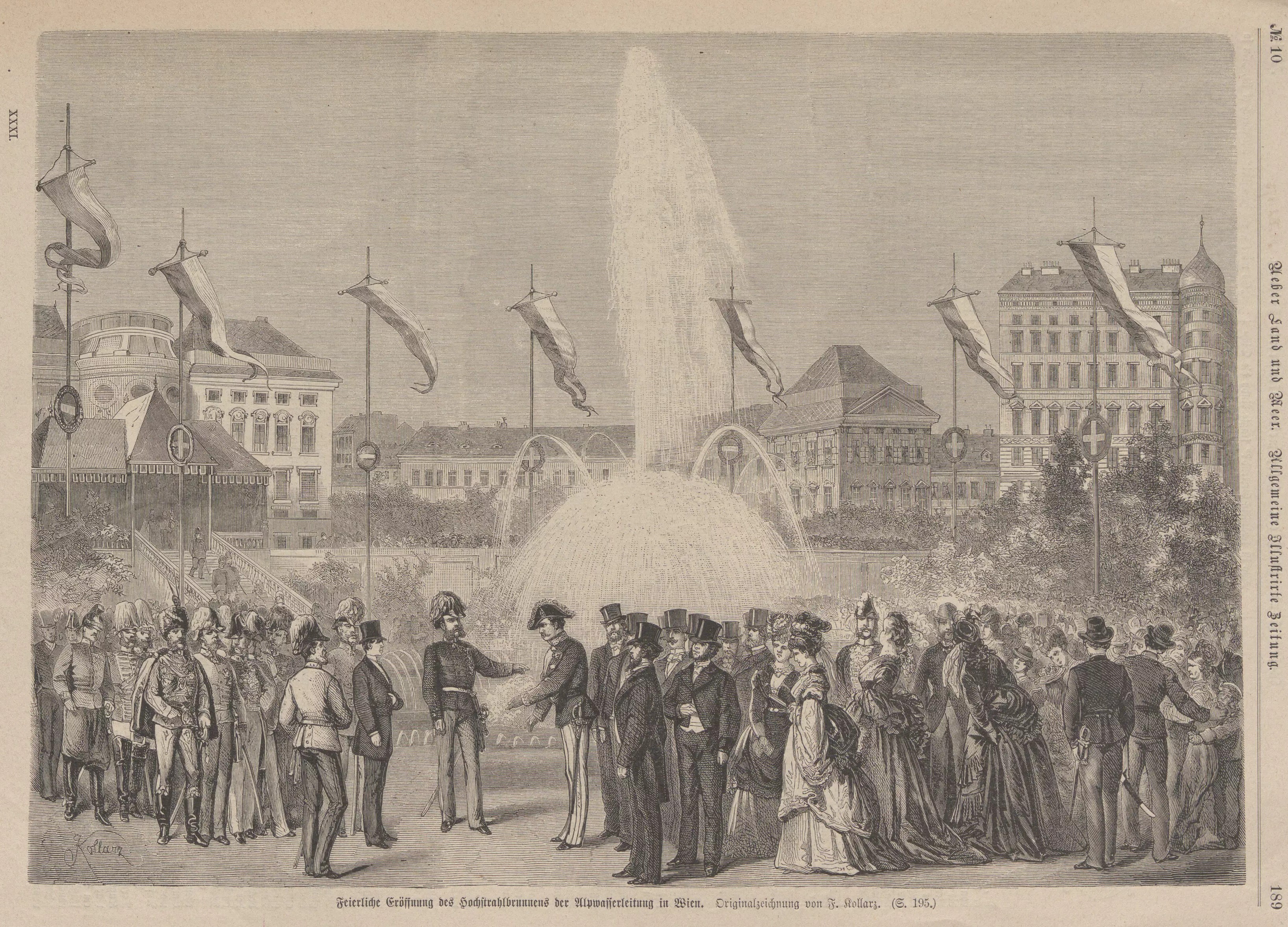 Fontaine à haut jet pour l'inauguration de l'aqueduc viennois Hochquell-Wasserleitung 24.10.1873