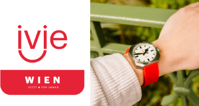 ivie Logo und Abbildung einer Armbanduhr im Stil der Wiener Würfeluhr