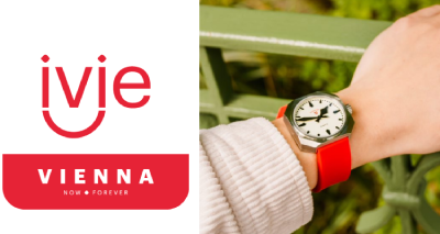 ivie logo and illustration of a wristwatch in the style of the Viennese cube clock