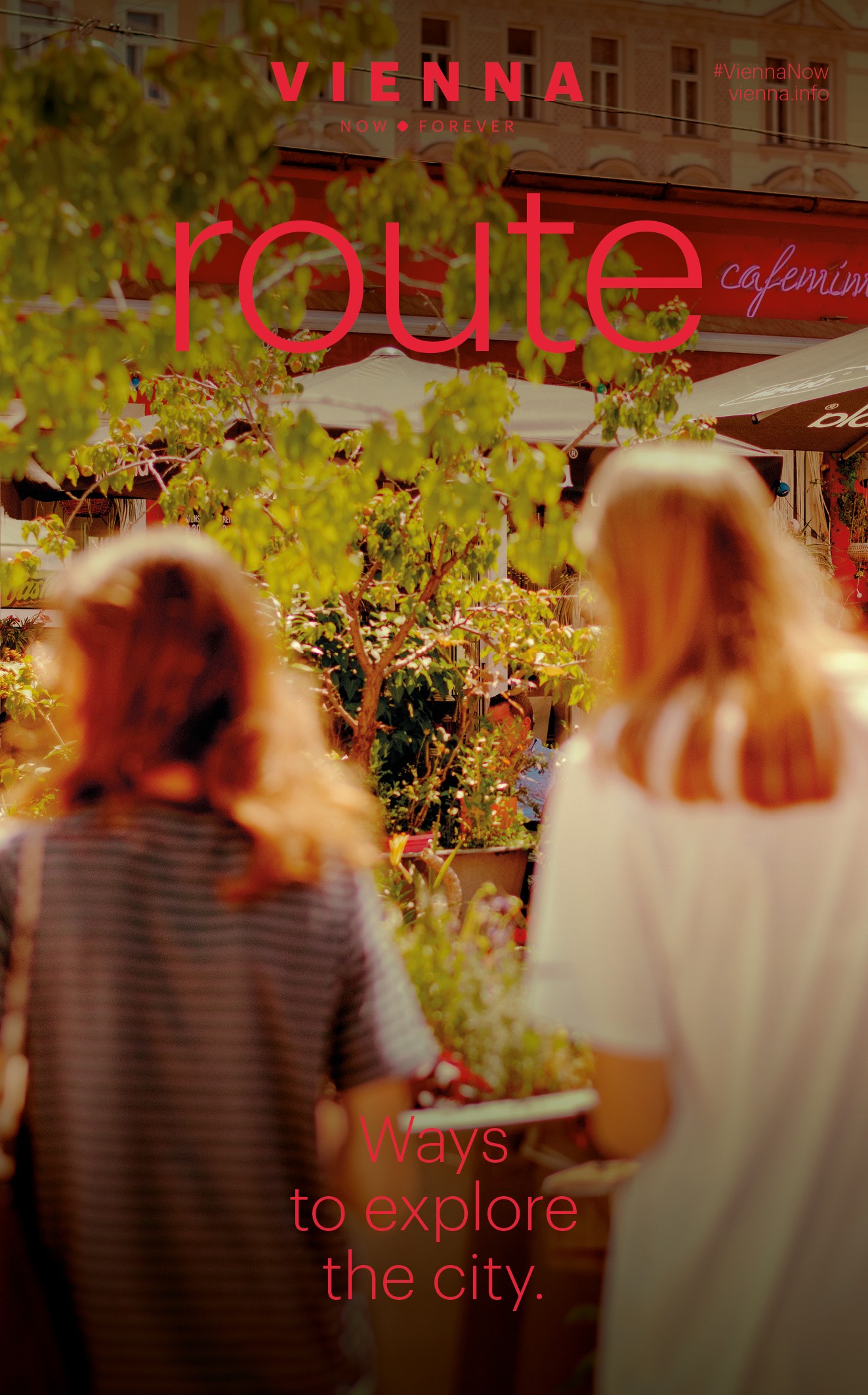 Print brochure route with cover showing a young lady walking around with un umbrella.