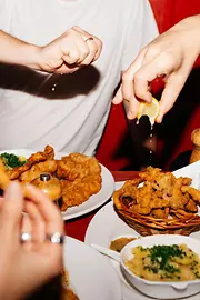 Schnitzel and fried oyster mushrooms