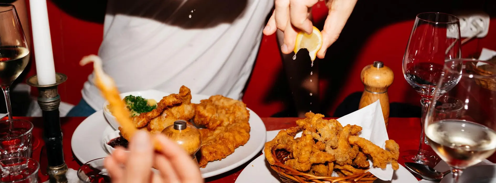 Schnitzel and fried oyster mushrooms