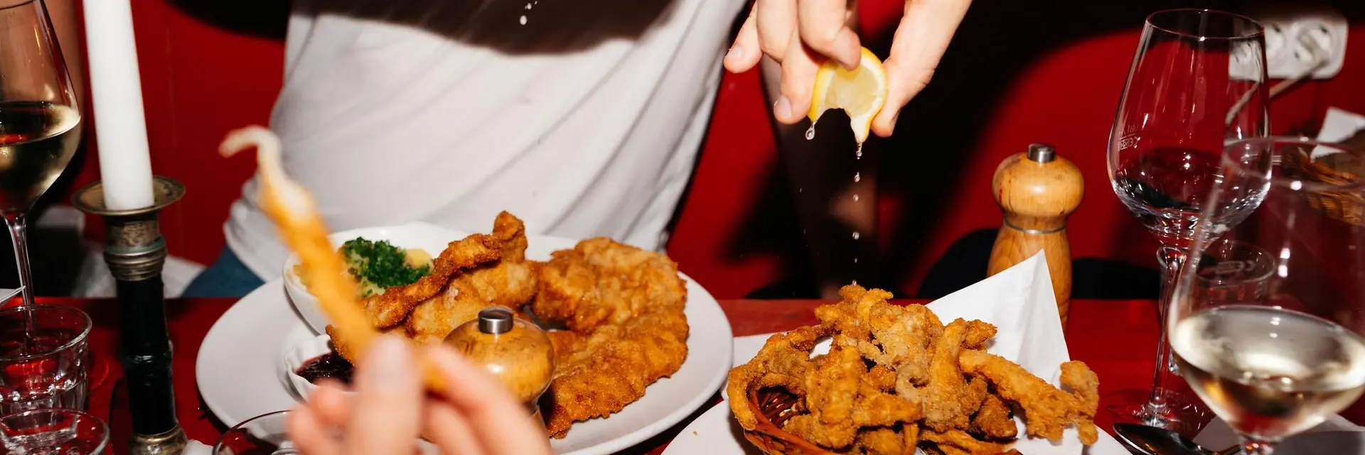 Schnitzel and fried oyster mushrooms