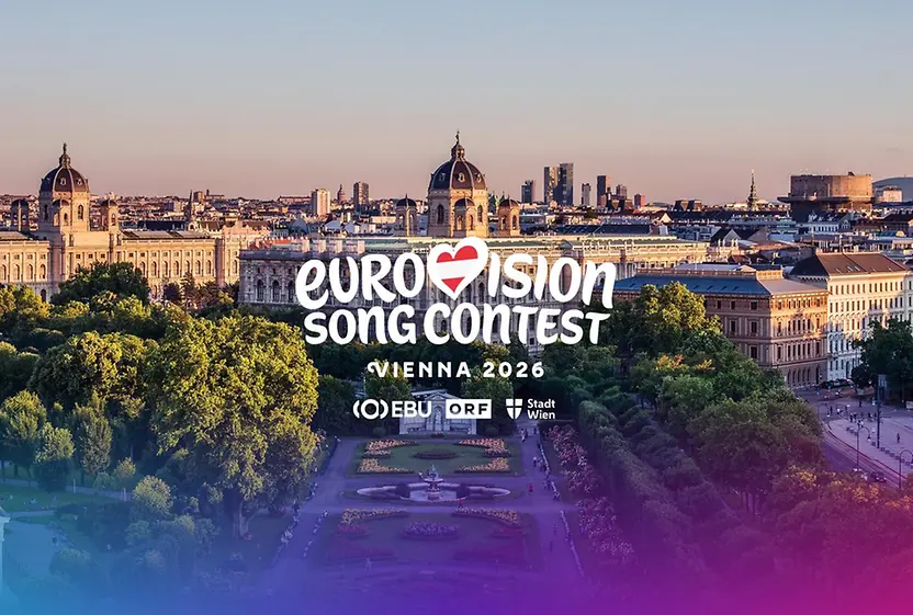 Blick über den Volksgarten mit Schriftzug "Eurovision Song Contest" und Logos von EBU, ORF und Stadt Wien