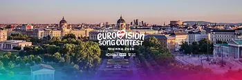 Blick über den Volksgarten mit Schriftzug "Eurovision Song Contest" und Logos von EBU, ORF und Stadt Wien