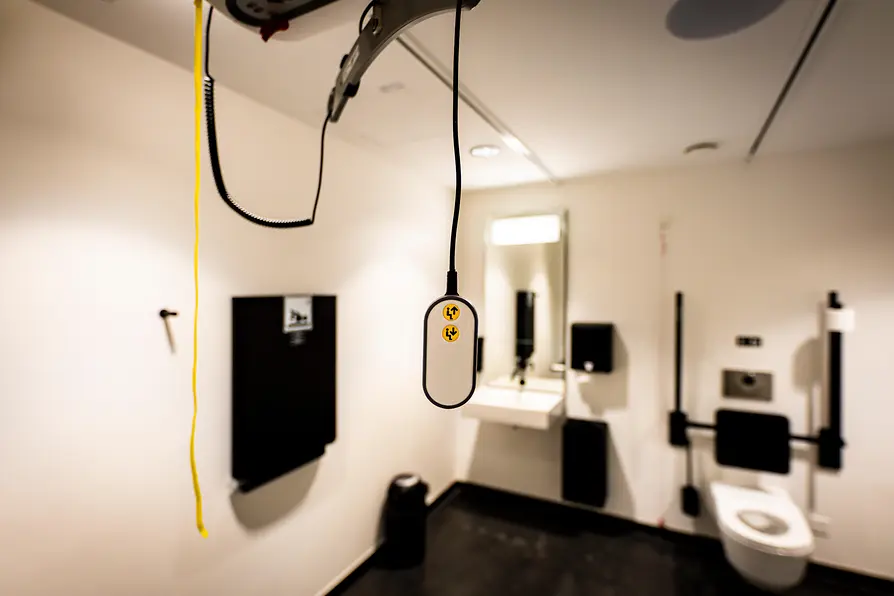 Inside an accessible restroom featuring a ceiling-mounted lift system with a hanging remote control, a sink and mirror, and support rails beside the toilet.