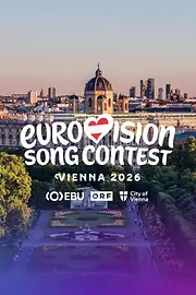 View across the Volksgarten with the “Eurovision Song Contest” lettering and the logos of EBU, ORF, and the City of Vienna