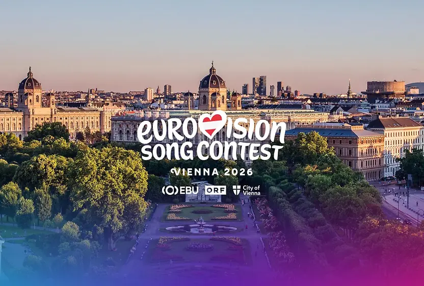 Vue sur le Volksgarten avec l’inscription « Eurovision Song Contest » et les logos de l’EBU, de l’ORF et de la Ville de Vienne