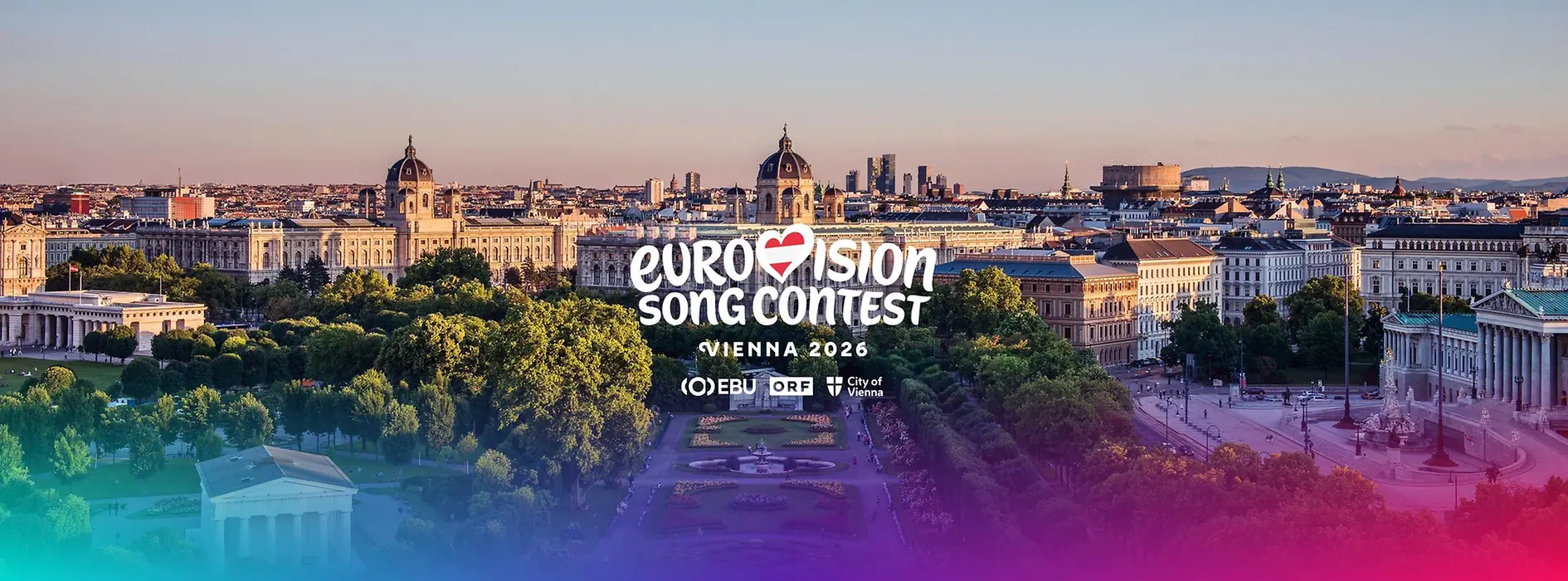 Vue sur le Volksgarten avec l’inscription « Eurovision Song Contest » et les logos de l’EBU, de l’ORF et de la Ville de Vienne