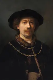Ölgemälde von Rembrandt Harmensz. van Rijn, Selbstporträt mit Hut und zwei Ketten