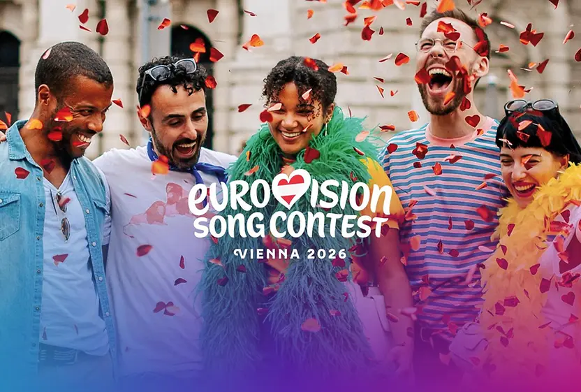 View across the Volksgarten with the “Eurovision Song Contest” lettering and the logos of EBU, ORF, and the City of Vienna