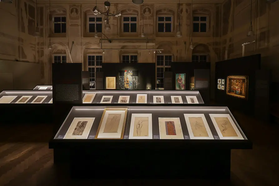 Exhibition view of “Gustav Klimt and Medicine” featuring drawings at the Josephinum