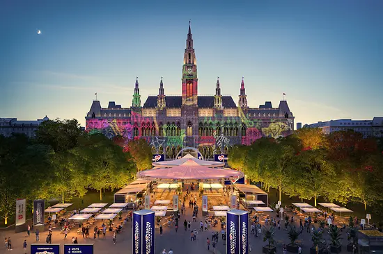 Renderización: Eurovision Village 2026 en la plaza del Ayuntamiento de Viena