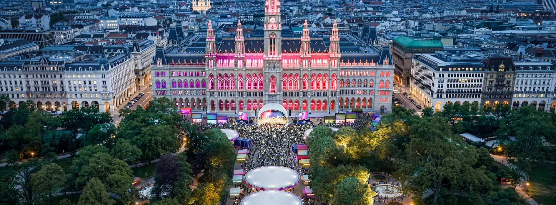 Rendu : Eurovision Village 2026 sur la place de l’Hôtel de Ville de Vienne