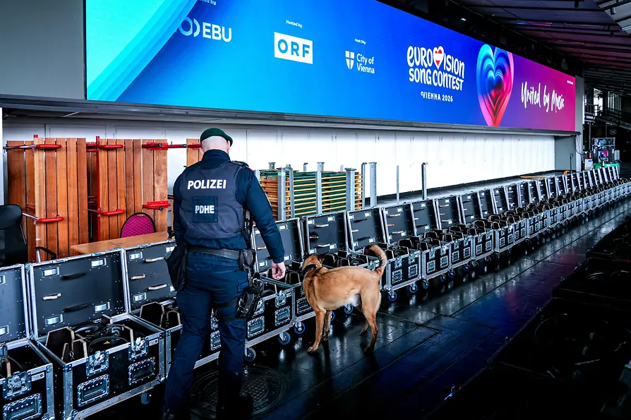 Security check of equipment at the Eurovision Song Contest 2026 by sniffer dog