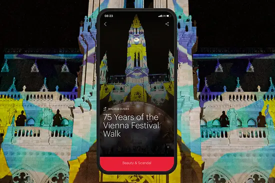 Sujet with text: 75 Years of the Vienna Festival Walk