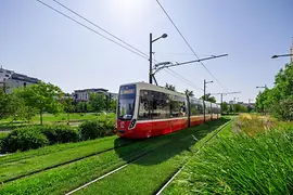 Modern low-floor tram on grass track 