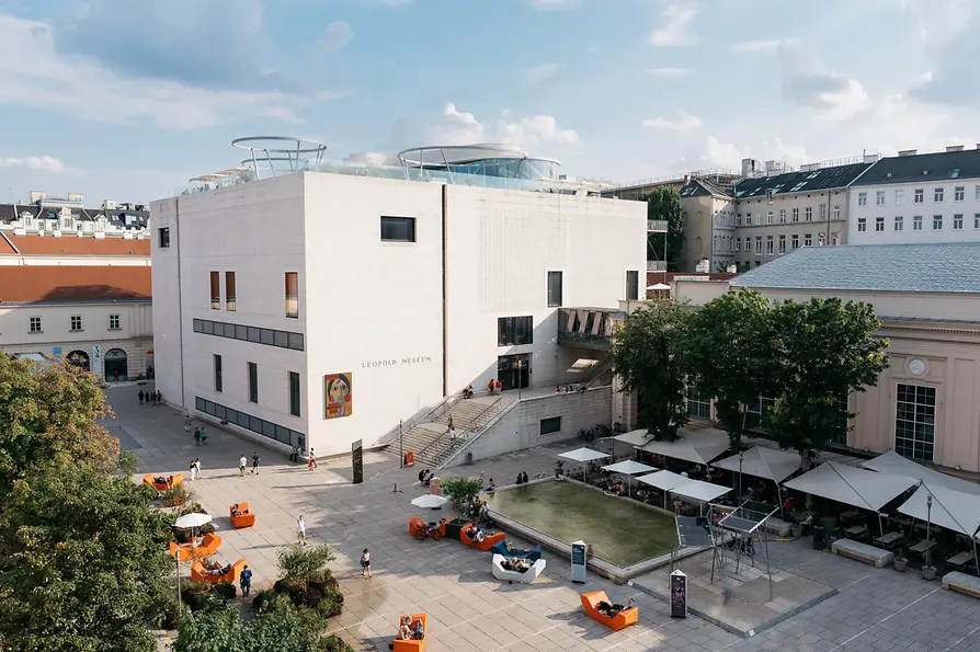 View of MQ, Leopold Museum, Libelle, Pond