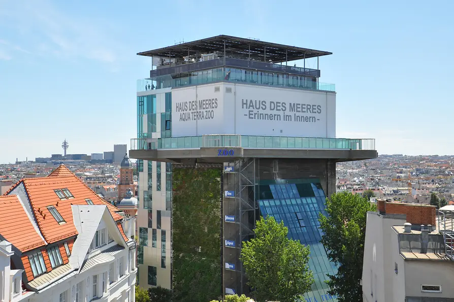 Haus des Meeres, exterior view of the flak tower with a greened facade
