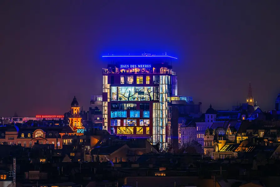 Night view of the illuminated Haus des Meeres above the rooftops of Vienna