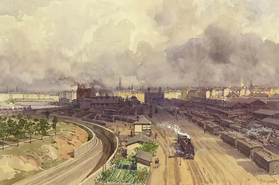 Aquarell von Franz Kopallik: Wien von Döbling aus gesehen, Blick von der Stadtbahnbrücke auf den Franz Josefs-Bahnhof und die Stadt