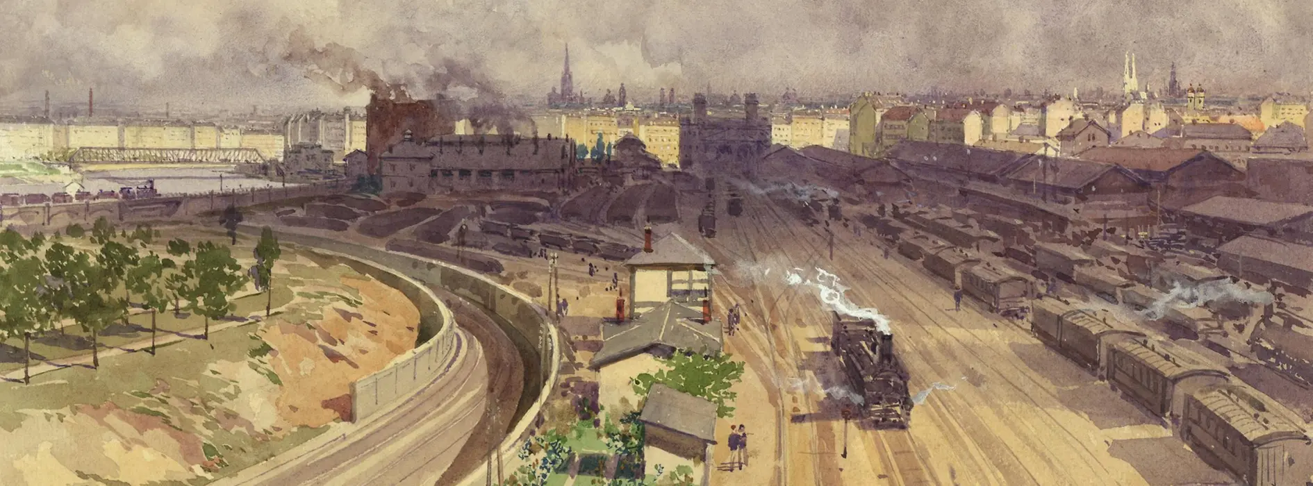 Aquarell von Franz Kopallik: Wien von Döbling aus gesehen, Blick von der Stadtbahnbrücke auf den Franz Josefs-Bahnhof und die Stadt