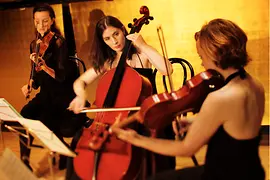 Női vonóstrió a Musikverein Üvegtermében.