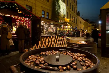 Bancarella di caldarroste in un mercatino di Natale a Vienna