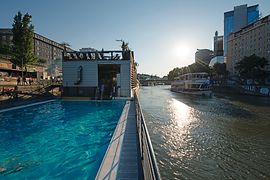 Barco piscina en el canal del Danubio
