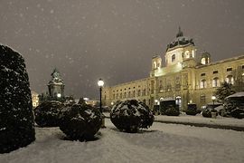 Přírodovědné muzeum v zimě při sněžení