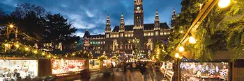 Viennese Christmas Market on Rathausplatz, evening, illumination