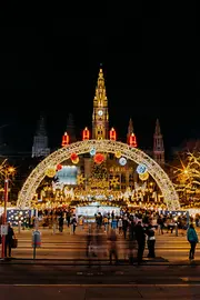 Viennese Christmas Market on City Hall Square, evening, illuminations