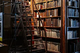 Вид на стеллаж с книгами и лестницей в Национальной библиотеке
