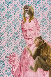 Bild von Sigmund Freud mit Affen am Kopf und auf der Schulter