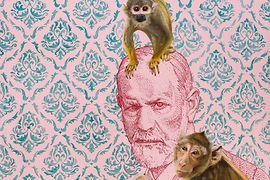 Picture of Sigmund Freud with monkeys on his head and shoulder