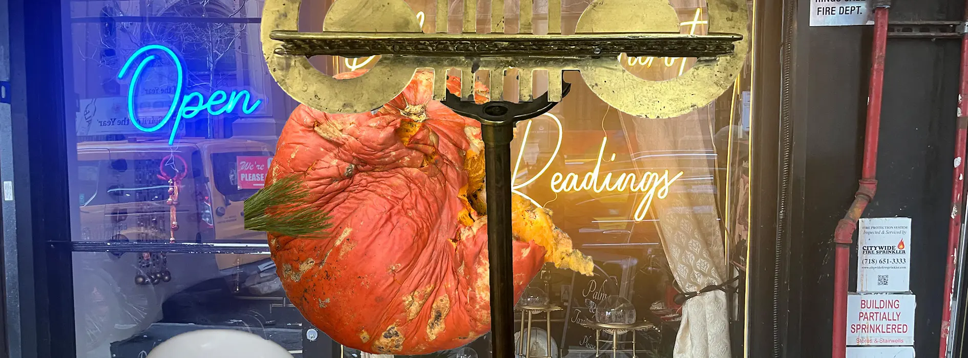 Schaufenster mit Leuchtschrift "Open Readings" und aufgehängtem Riesenkürbis.
