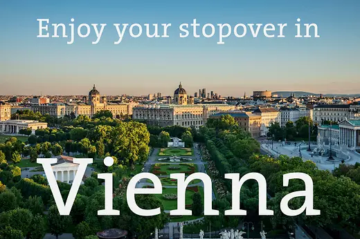 ウィーンの眺望と 「Enjoy your stopover in Vienna 」の碑文