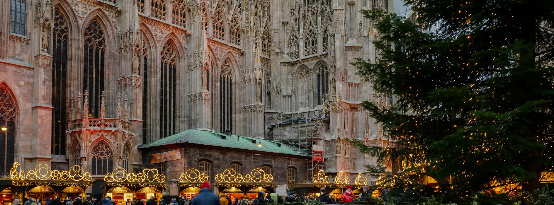 Christmas market on Stephansplatz, evening atmosphere with Christmas lights 