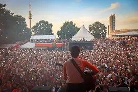 Donauinselfest 2025 : vue depuis la scène sur le public, avec un guitariste au premier plan.